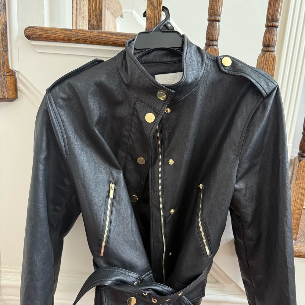 Zara black faux Leather Jacket with Gold Accents, size small